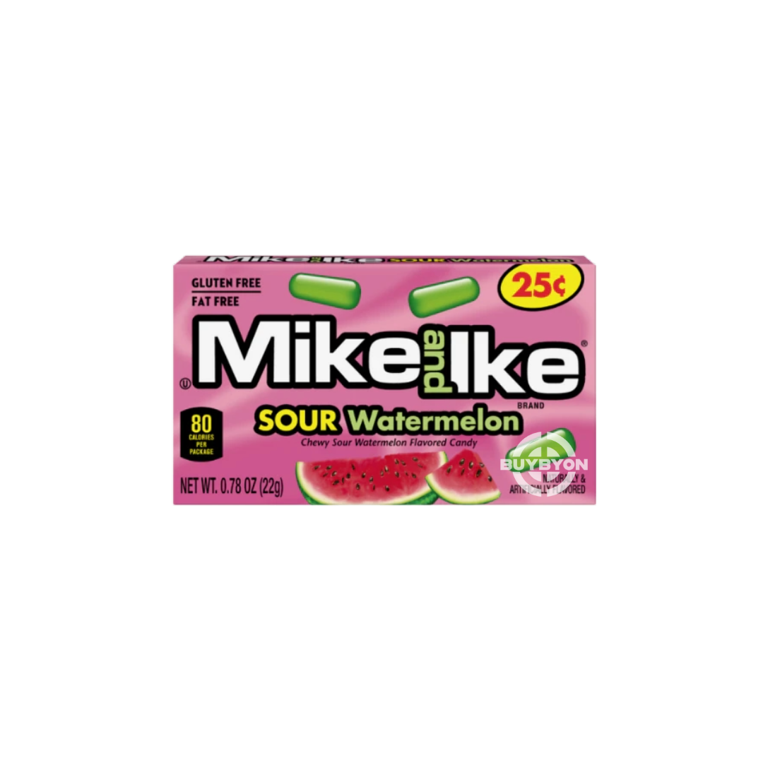 Mike & Ike Watermelon Blast – 22g pack featuring chewy watermelon-flavored candy pieces, perfect for snacking or sharing.