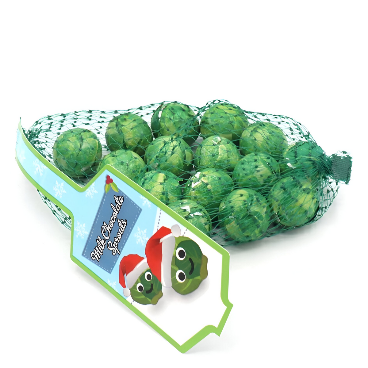 Milk Chocolate Sprouts Net - 75g featuring playful milk chocolate shaped like Brussels sprouts, perfect for festive celebrations.