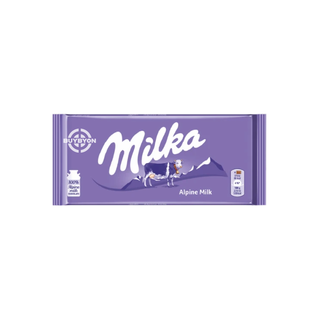 Milka Alpine - 100g chocolate bar featuring smooth and creamy Milka Alpine milk chocolate