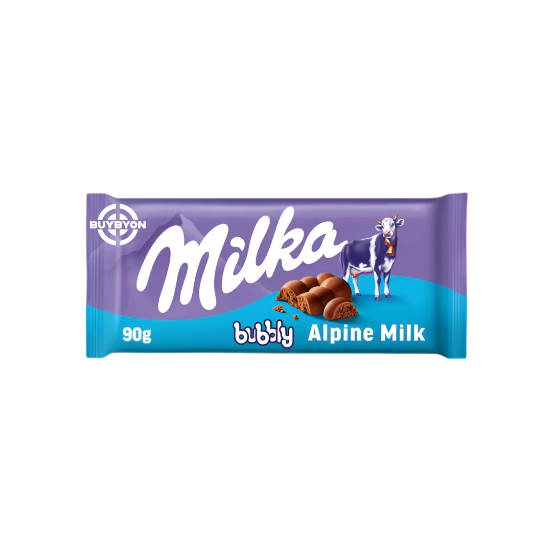 Milka Bubbly Milk - 90g chocolate bar featuring smooth and airy Alpine milk chocolate with a bubbly texture.