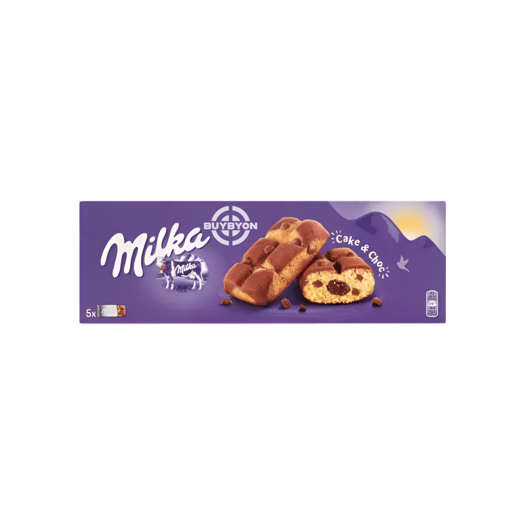 Milka Cake&Choc - 175g pack featuring soft sponge cake filled with creamy Milka Alpine milk chocolate.