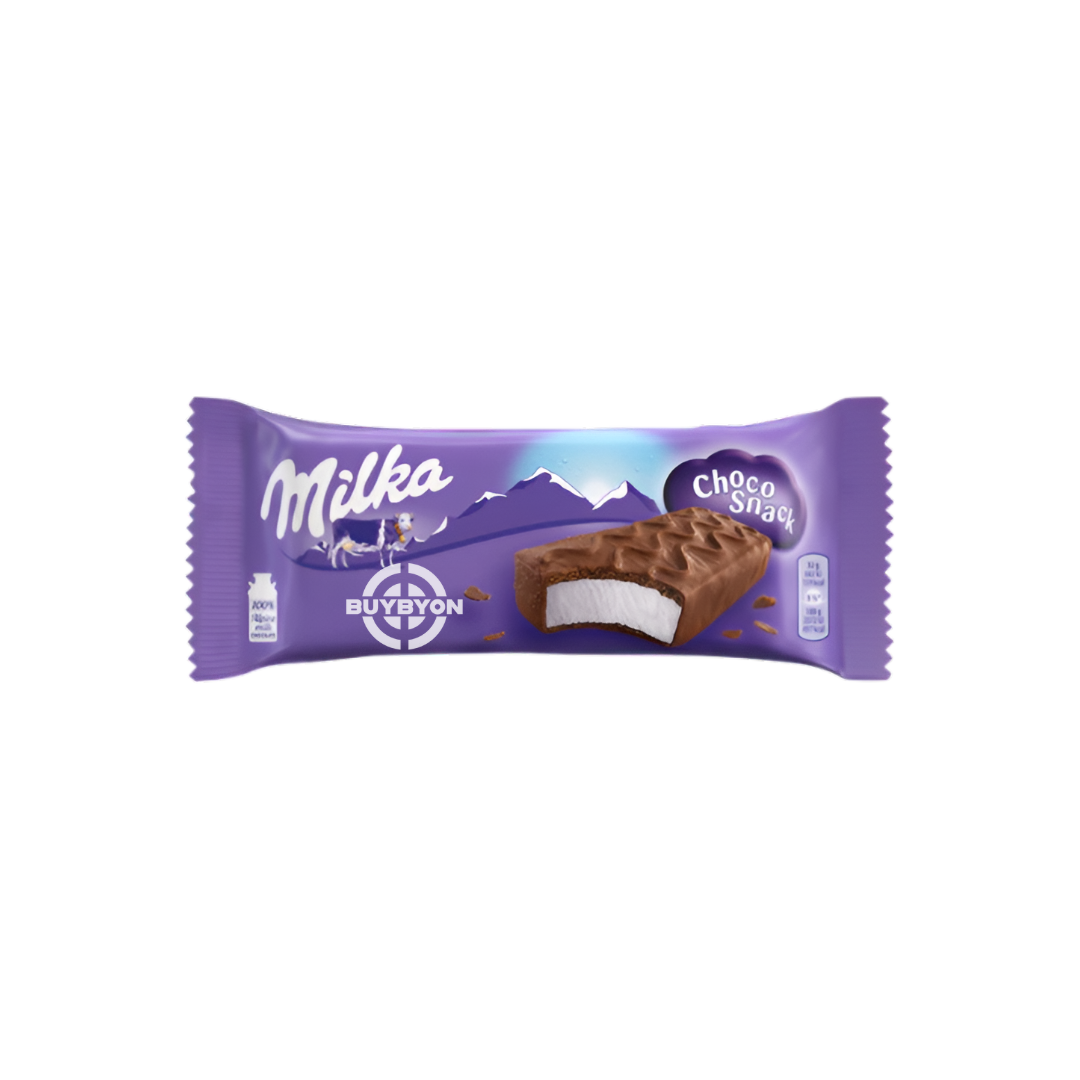 Milka Choco Snack - 29g, a sponge cake with a creamy milk filling coated in smooth Milka milk chocolate, perfect for a quick indulgent treat.