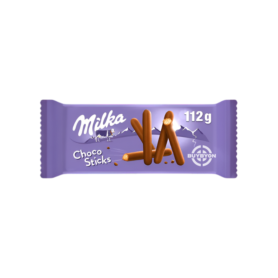 Milka Choco Stix - 112g pack featuring crunchy wafer sticks coated in smooth Milka Alpine milk chocolate.