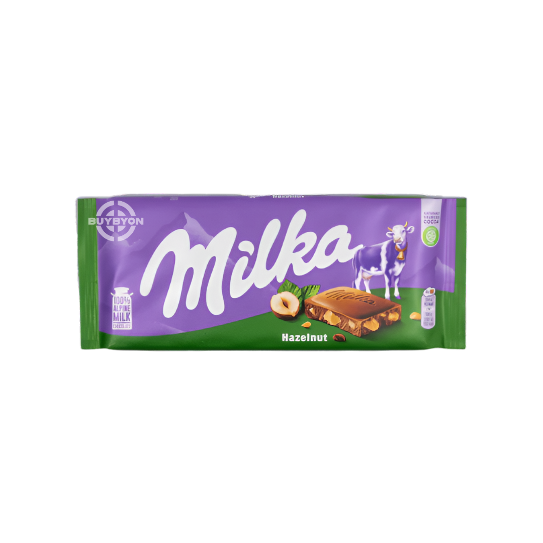 Milka Hazelnuts - 100g chocolate bar featuring smooth Alpine milk chocolate with crunchy whole hazelnuts.