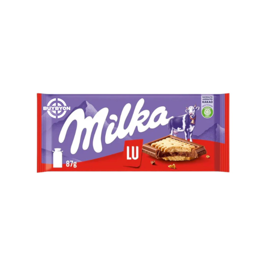 Milka Lu - 87g chocolate bar featuring smooth Alpine milk chocolate with crunchy LU biscuits.