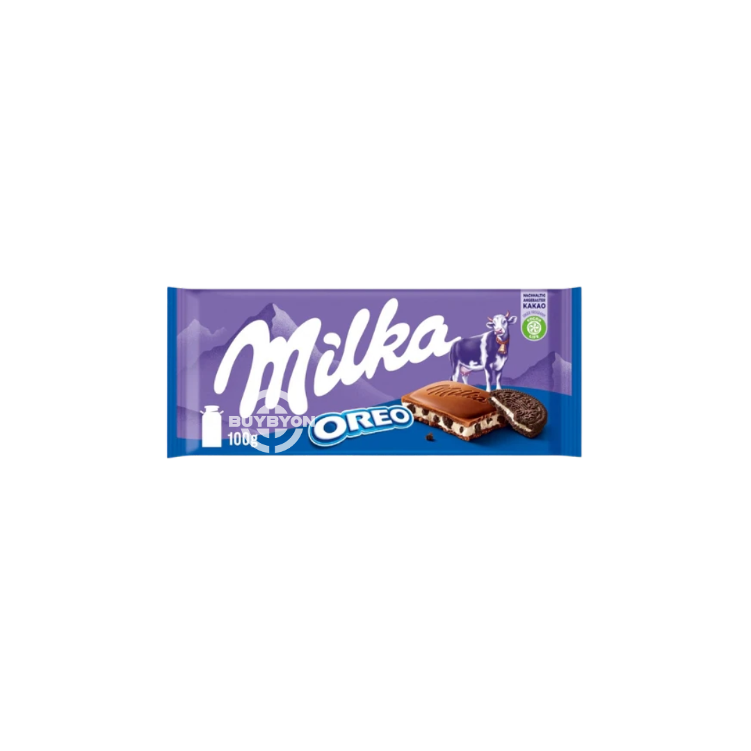 Milka Oreo – 100g pack featuring smooth Milka chocolate with crunchy Oreo cookies.