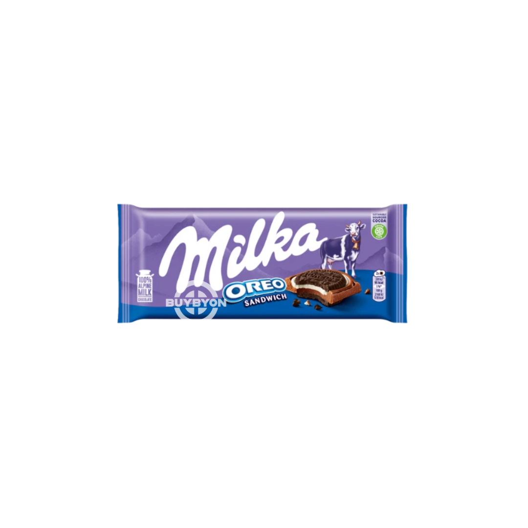 Milka Oreo Sandwich – 92g pack featuring creamy filling between Oreo biscuits.