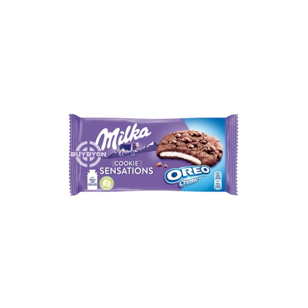 Milka Oreo Sensation – 156g pack showcasing a blend of Milka chocolate and Oreo cookies.