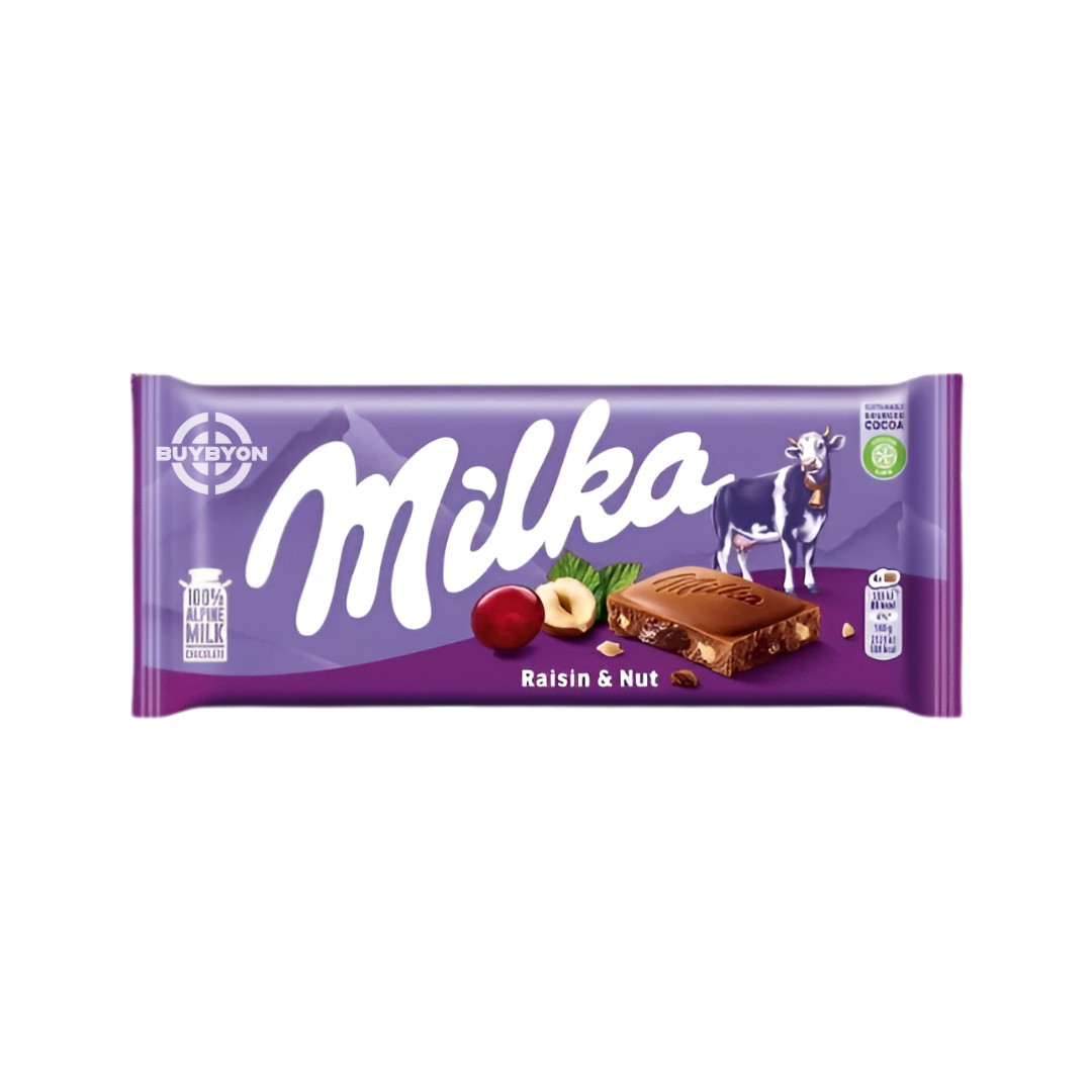 Milka Raisin And Nuts - 100g chocolate bar featuring creamy Alpine milk chocolate with raisins and crunchy hazelnuts.