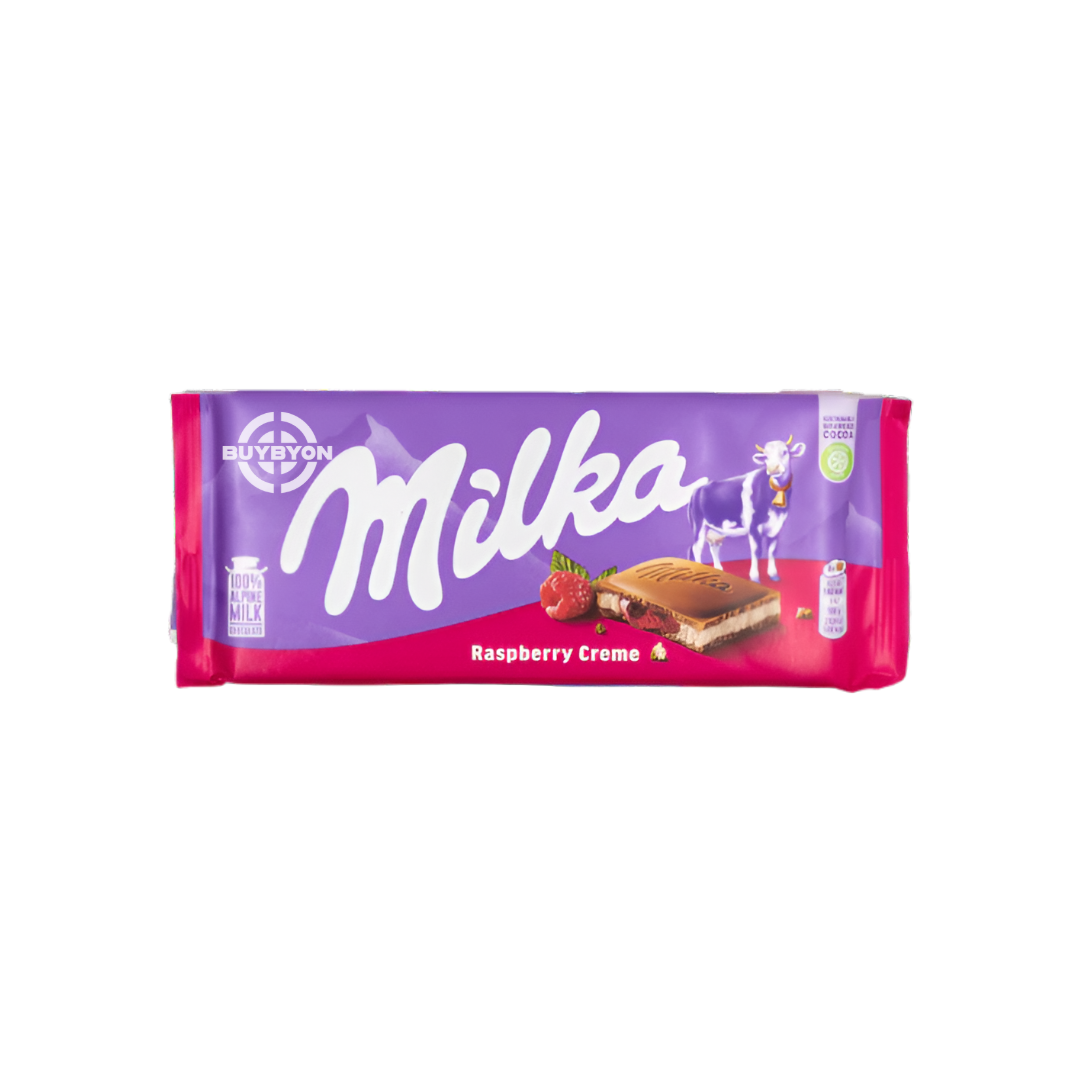 Milka Raspberry - 100g chocolate bar featuring creamy Alpine milk chocolate with sweet raspberry filling.