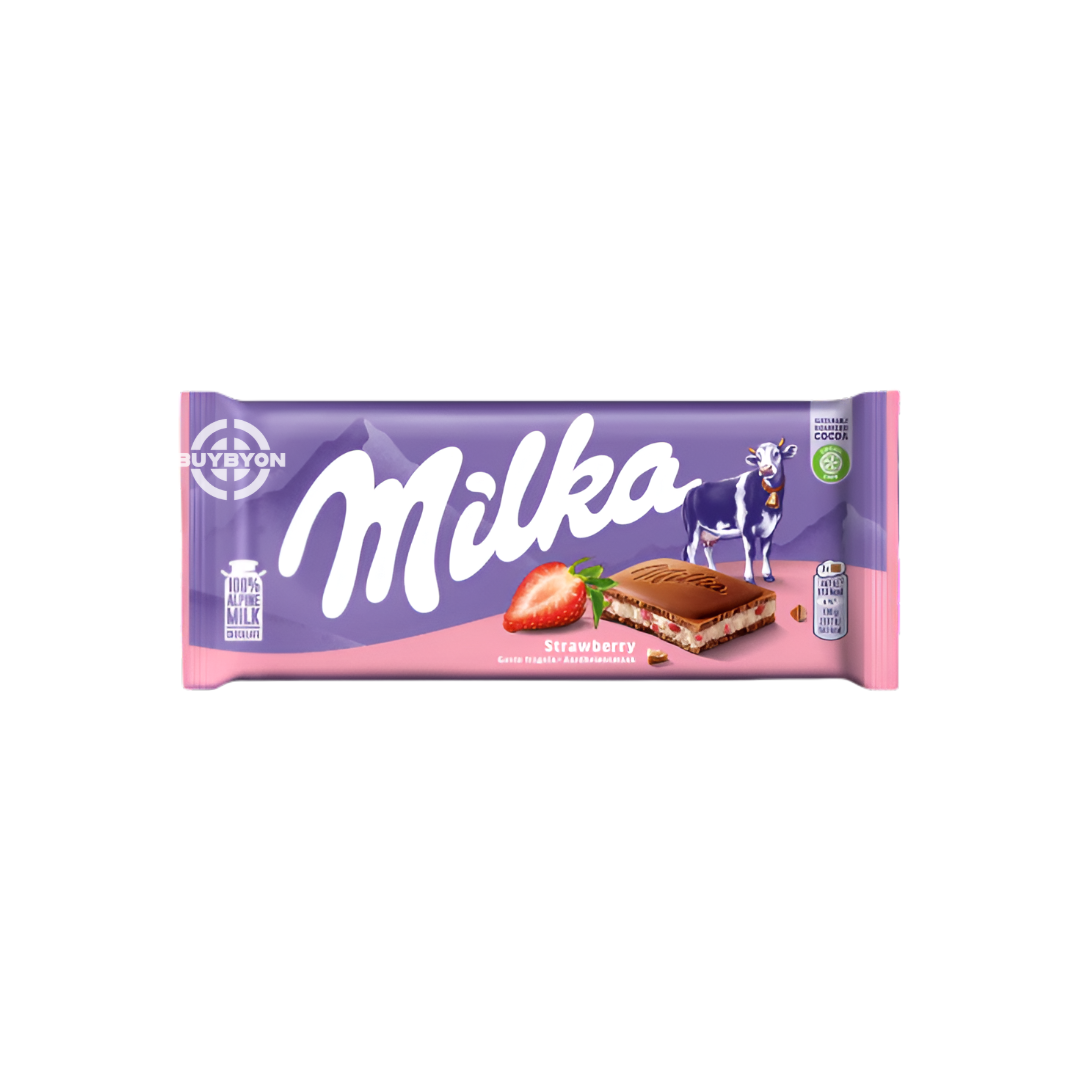 Milka Strawberry - 100g chocolate bar featuring smooth Alpine milk chocolate with a fruity strawberry filling.