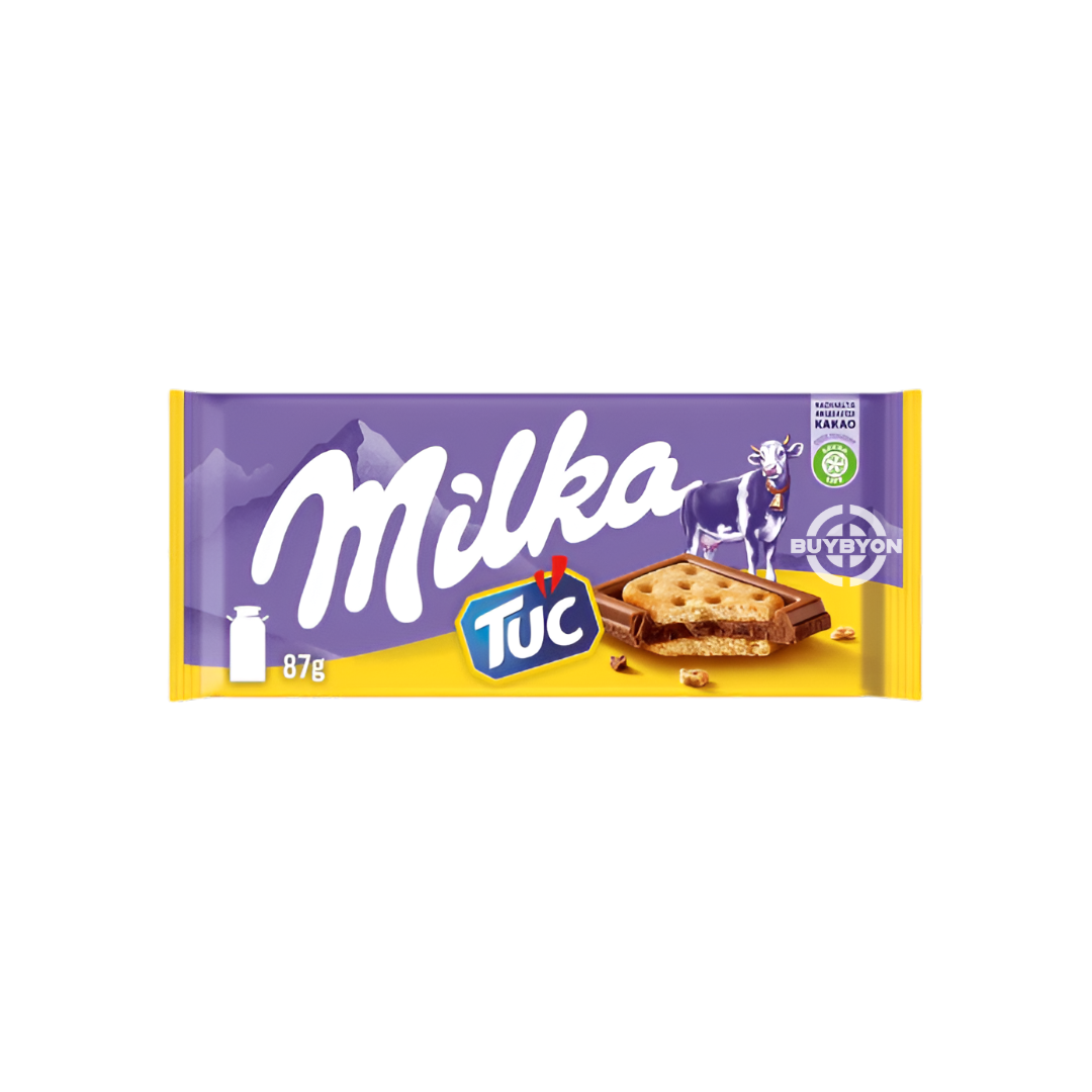 Milka Tuc - 87g chocolate bar featuring smooth Milka Alpine milk chocolate with crunchy Tuc crackers.