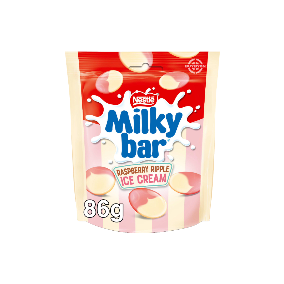 Milkybar Buttons White Chocolate with Raspberry Ripple in an 86g sharing bag, perfect for family and friends.