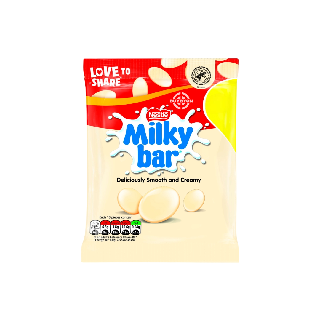 Milkybar Giant Buttons White Chocolate Sharing Bag, 85g of creamy white chocolate buttons perfect for sharing.