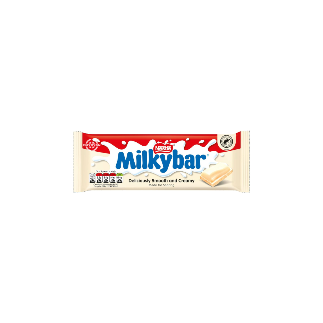 Milkybar White Chocolate Sharing Bar with smooth, creamy white chocolate in a 90g size, ideal for sharing or enjoying on your own.