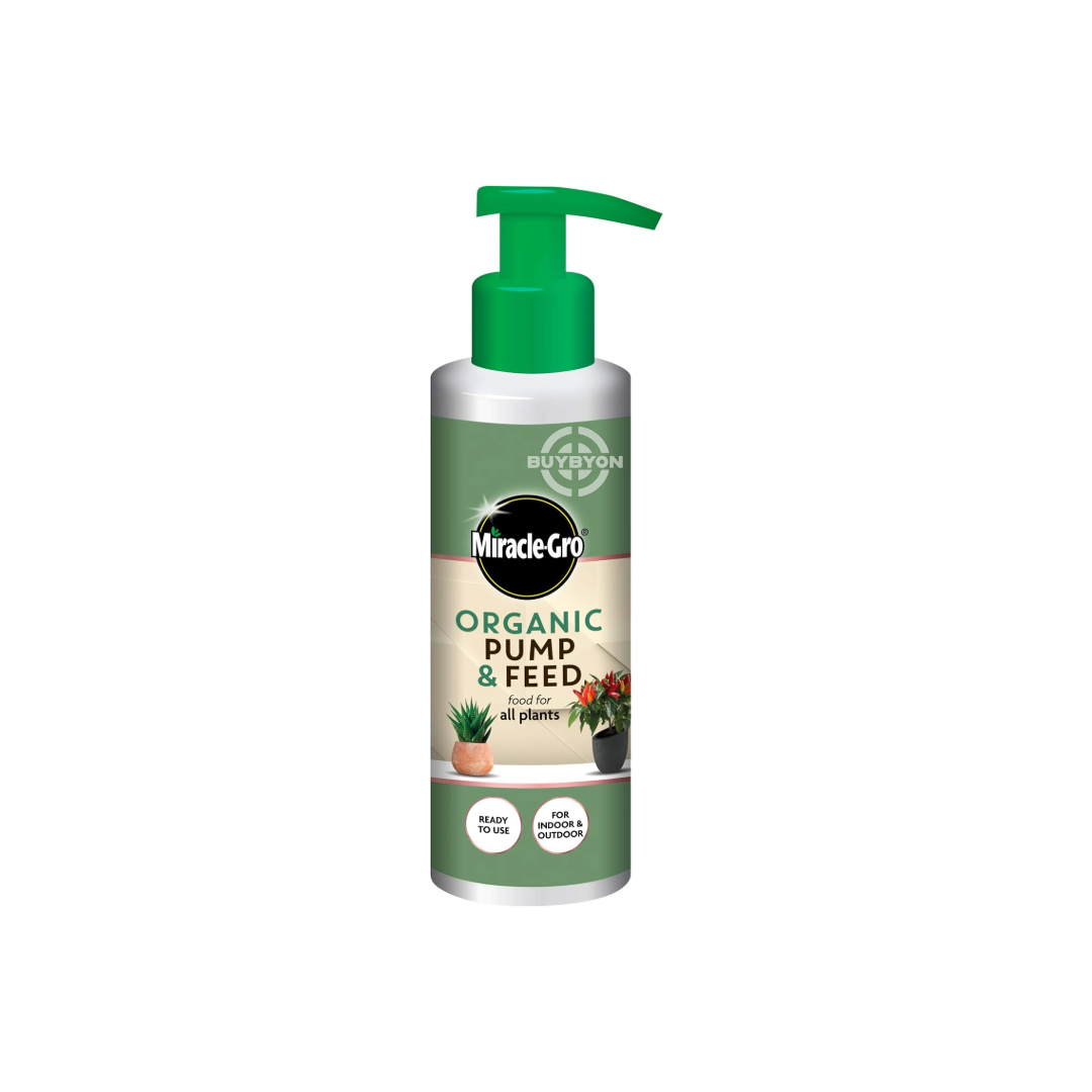 Miracle-Gro Organic Pump and Feed - 200ml bottle, featuring an easy-to-use pump dispenser for nourishing plants organically and promoting vibrant growth.