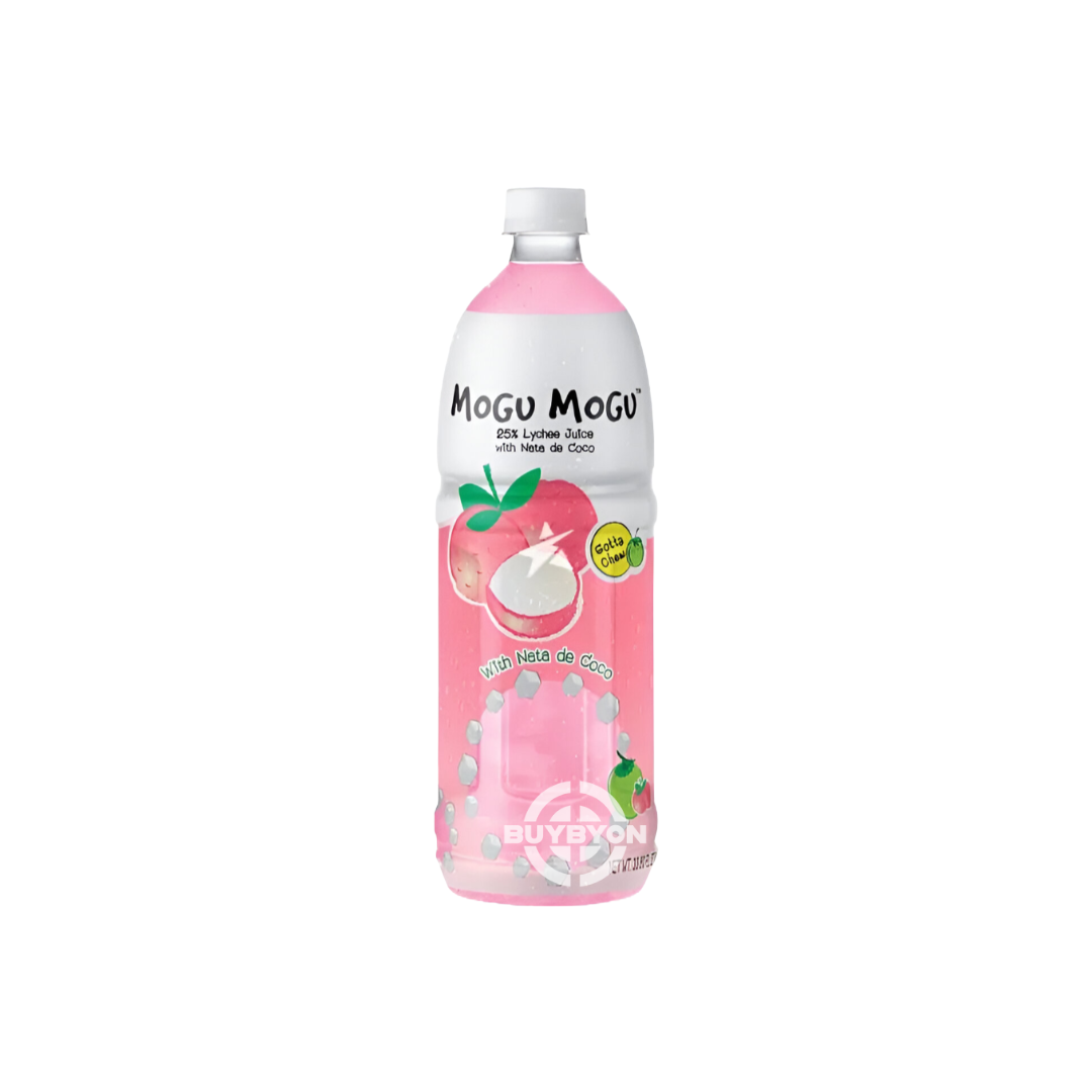 Mogu Mogu Lychee Drink - 1L bottle featuring a lychee-flavored beverage with nata de coco bits.