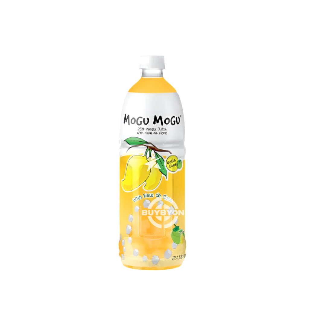 Mogu Mogu Mango Drink - 1L bottle featuring a mango-flavored beverage with nata de coco bits.