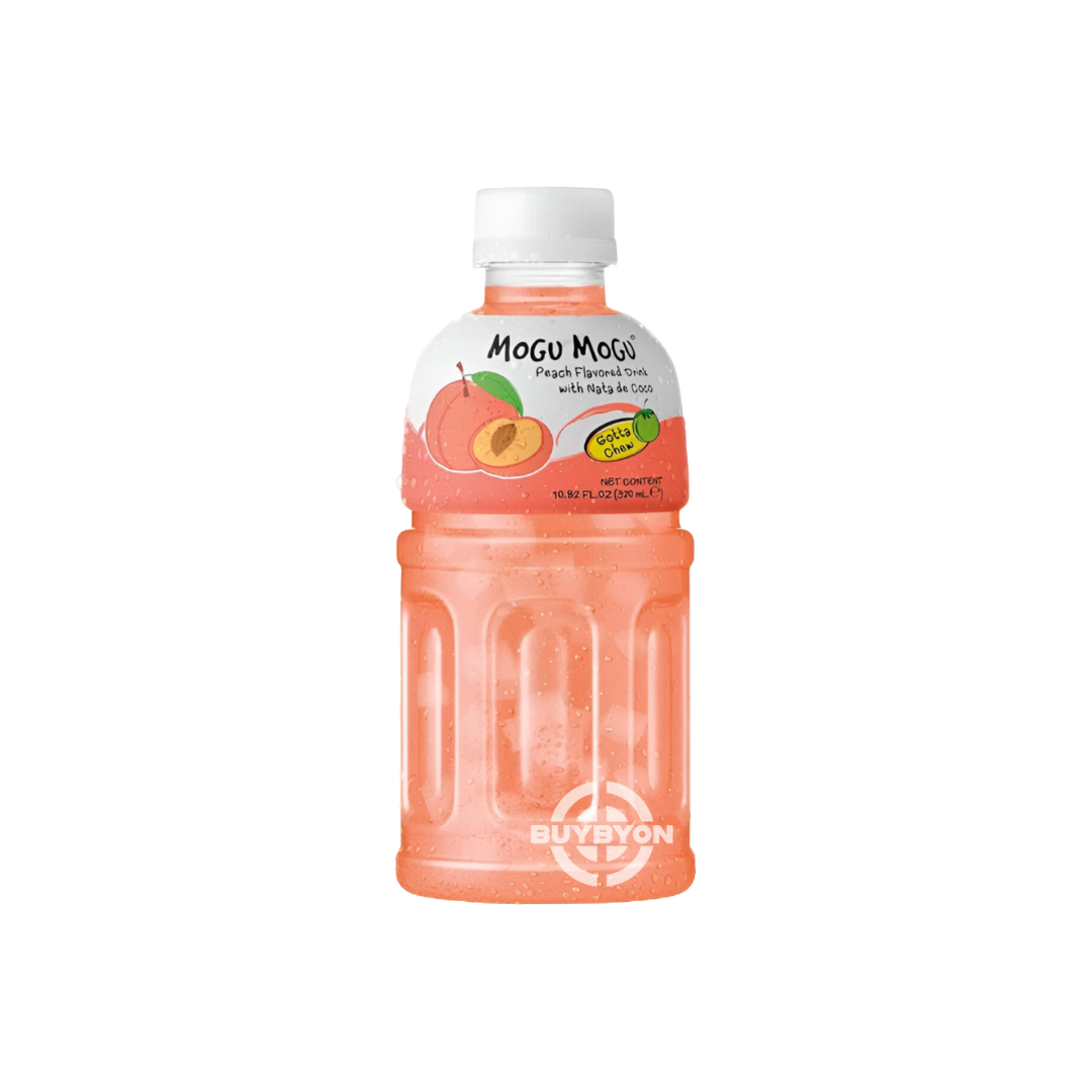 Mogu Mogu Peach Drink - 320ml bottle featuring a peach-flavored beverage with nata de coco bits.