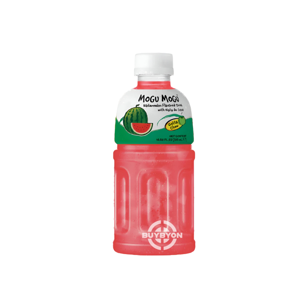 Mogu Mogu Watermelon Drink - 320ml bottle featuring a watermelon-flavored beverage with nata de coco bits.