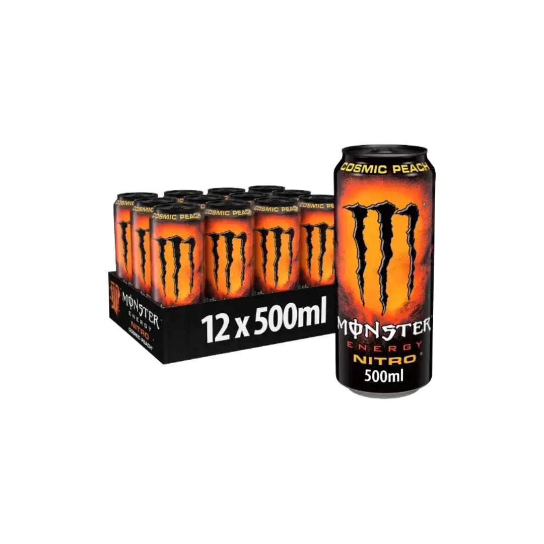 Monster Energy drink cans with a box of 12 cans on a white background
