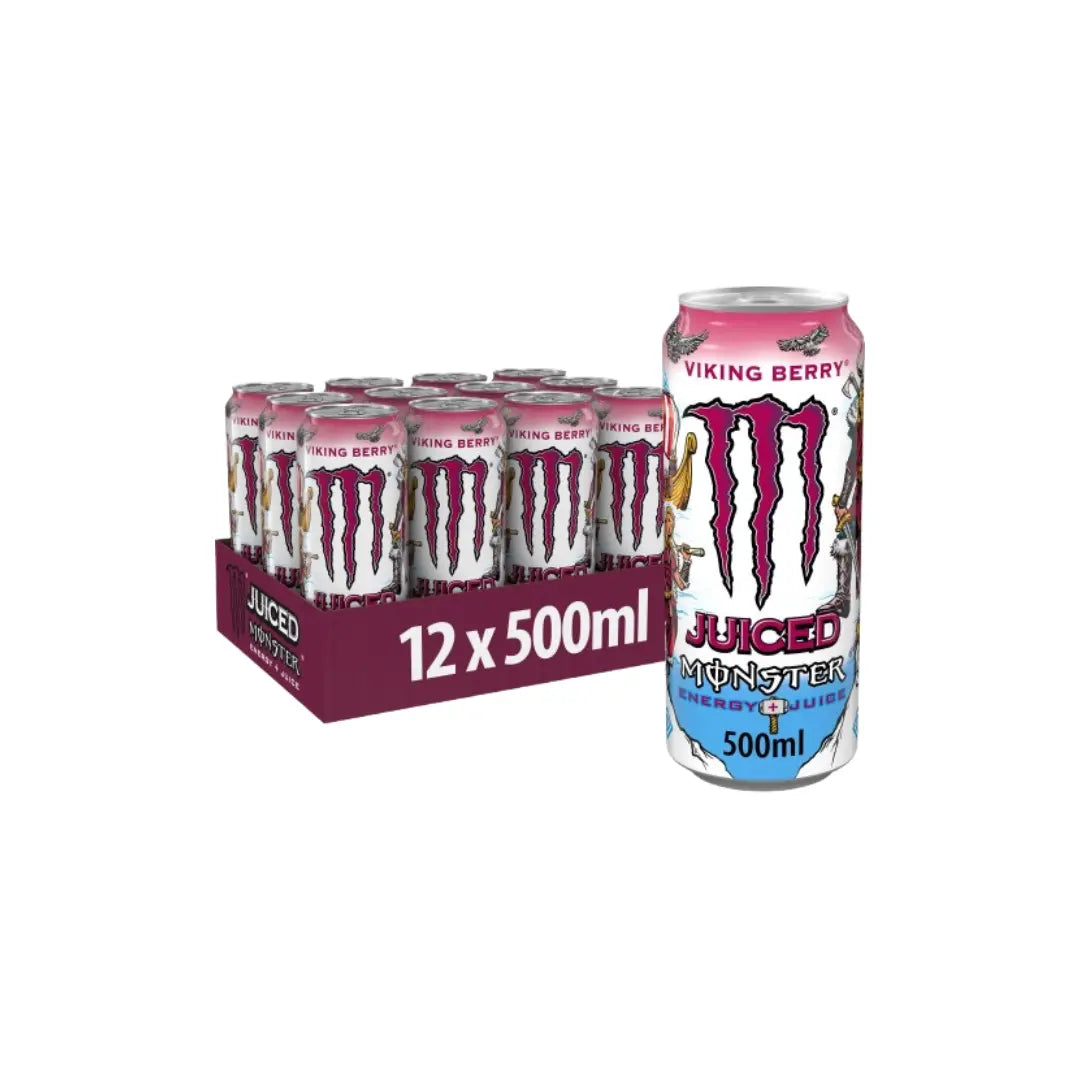 Pack of 12 Monster Juiced Viking Berry energy drinks on a white background