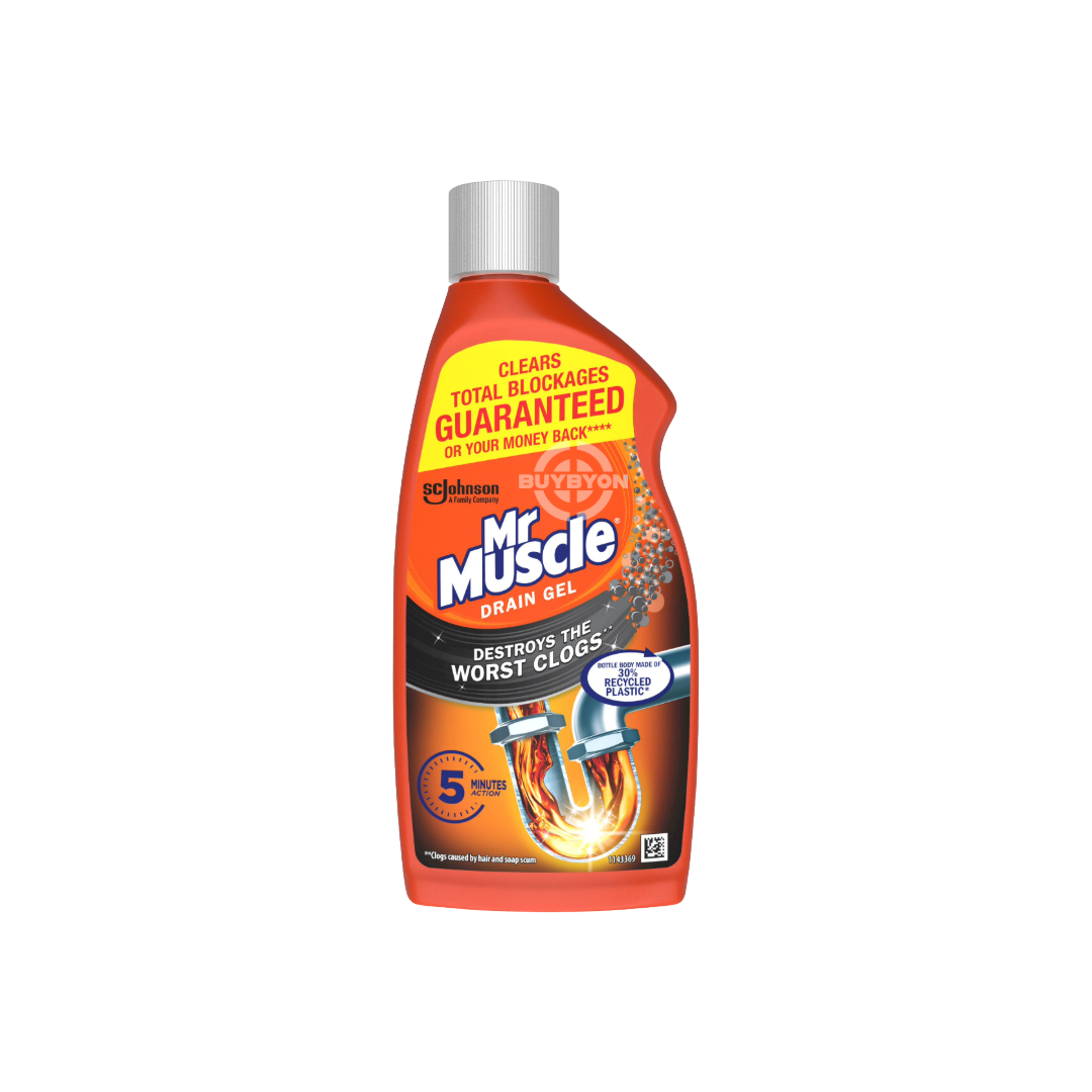 A 500ml bottle of Mr Muscle Drain Gel Plughole Unblocker, featuring its distinctive packaging and highlighting its powerful gel formula for effective drain unblocking.