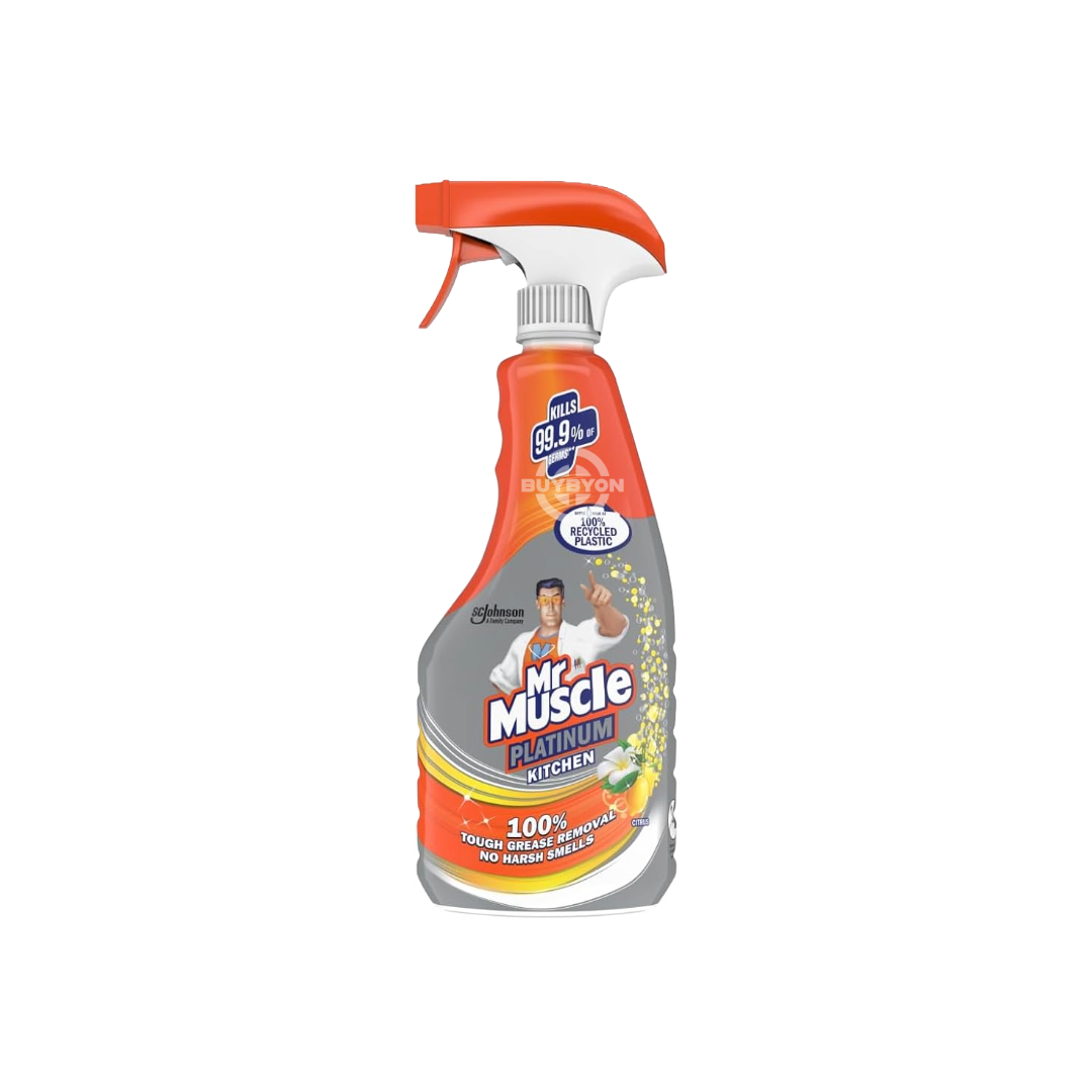 A 500ml bottle of Mr Muscle Platinum Kitchen Cleaning Spray, featuring its distinctive packaging and highlighting its powerful grease-cutting formula for a spotless kitchen.