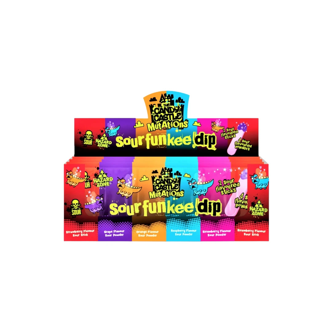 A display box of Sour Funkee Dip candy by All In Candy Company, featuring six colorful flavor packs stacked vertically on a plain white background.