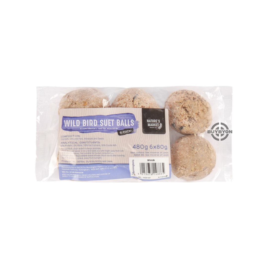 Nature's Market Wild Bird Suet Balls - 480g (6/pk), featuring high-energy suet balls for attracting and feeding wild birds. Available across the UK at Buybyon