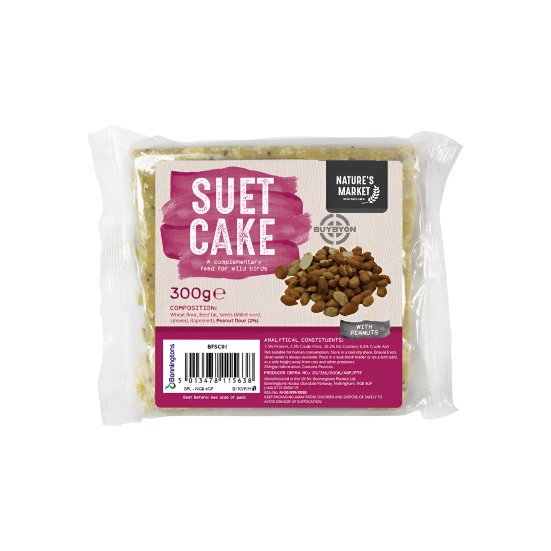 Natures Market Wild Bird Food Nut Peanut Suet Cake - 300g pack, featuring a high-energy suet cake enriched with peanuts. Ideal for wild birds, available across the UK at Buybyon