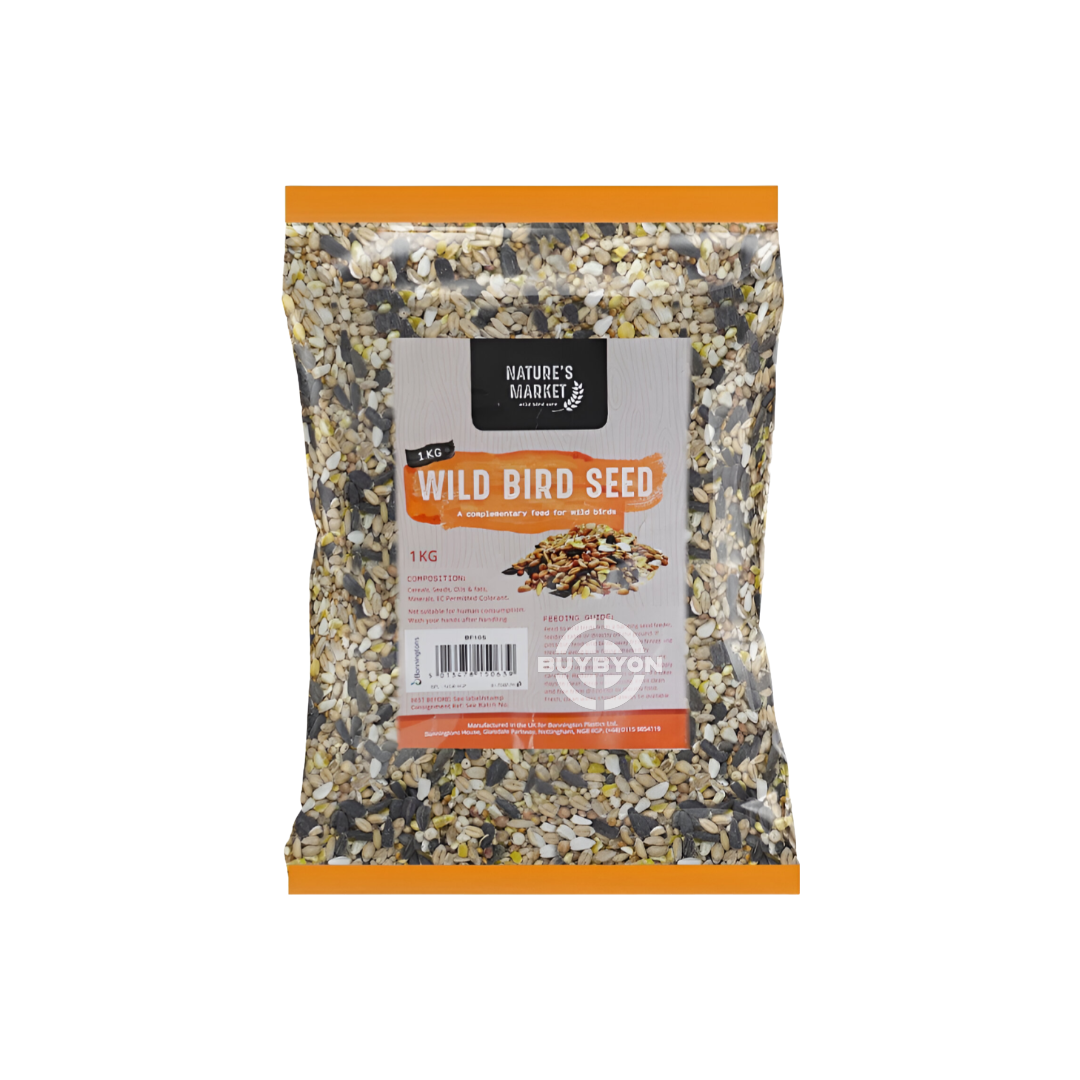 Natures Market Wild Bird Food Seed Mix - 1kg pack, featuring a premium blend of seeds for attracting and nourishing wild birds. Available across the UK at Buybyon