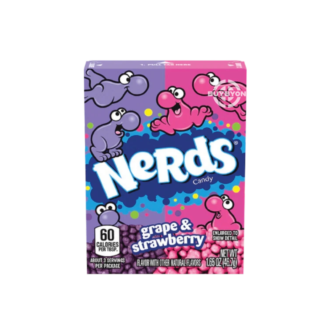 Nerds Grape & Strawberry – 46.7g box featuring a mix of tangy grape and sweet strawberry tiny, crunchy candy.