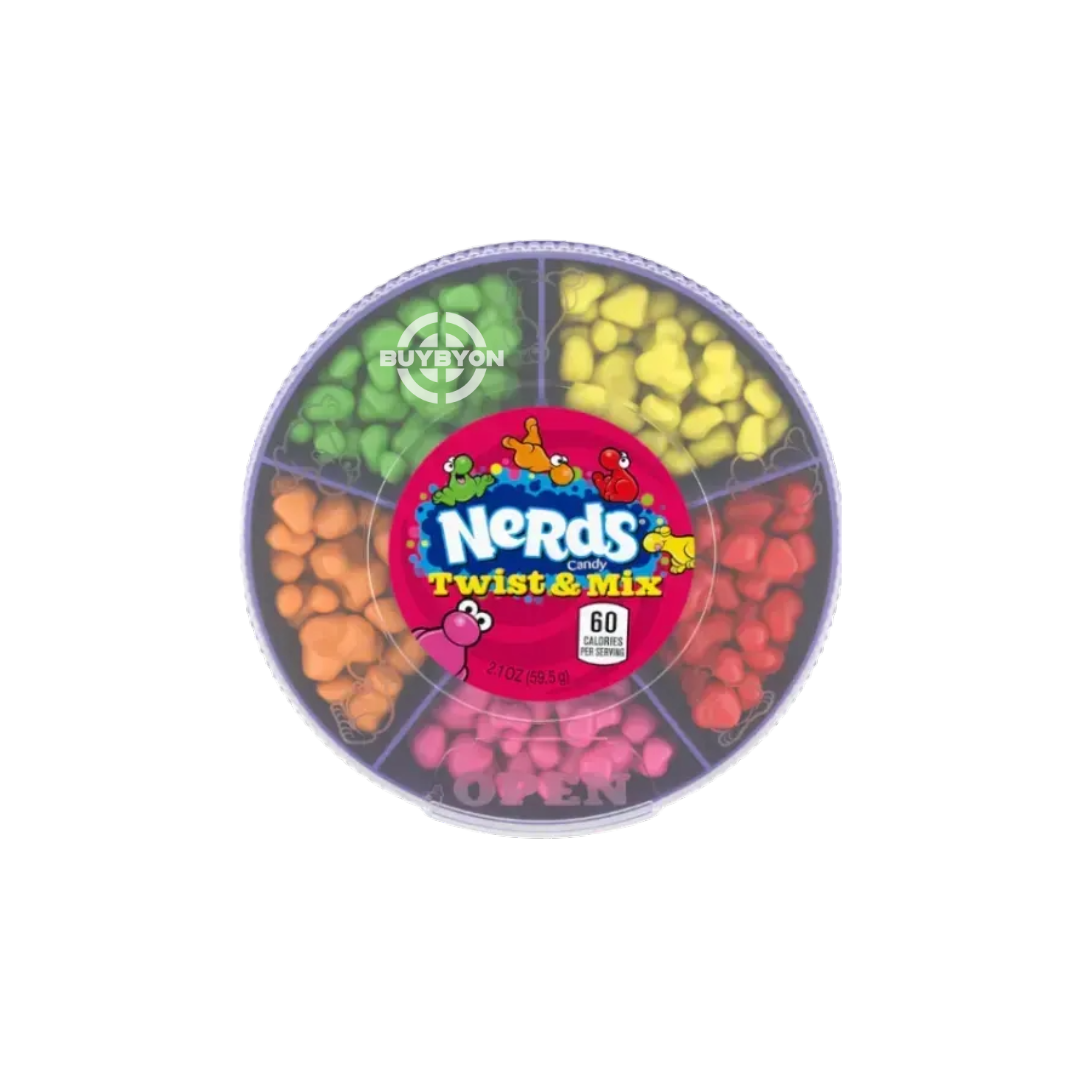 Nerds Twist & Mix – 59.5g pack featuring five fruity flavors in separate compartments for a customizable candy experience.