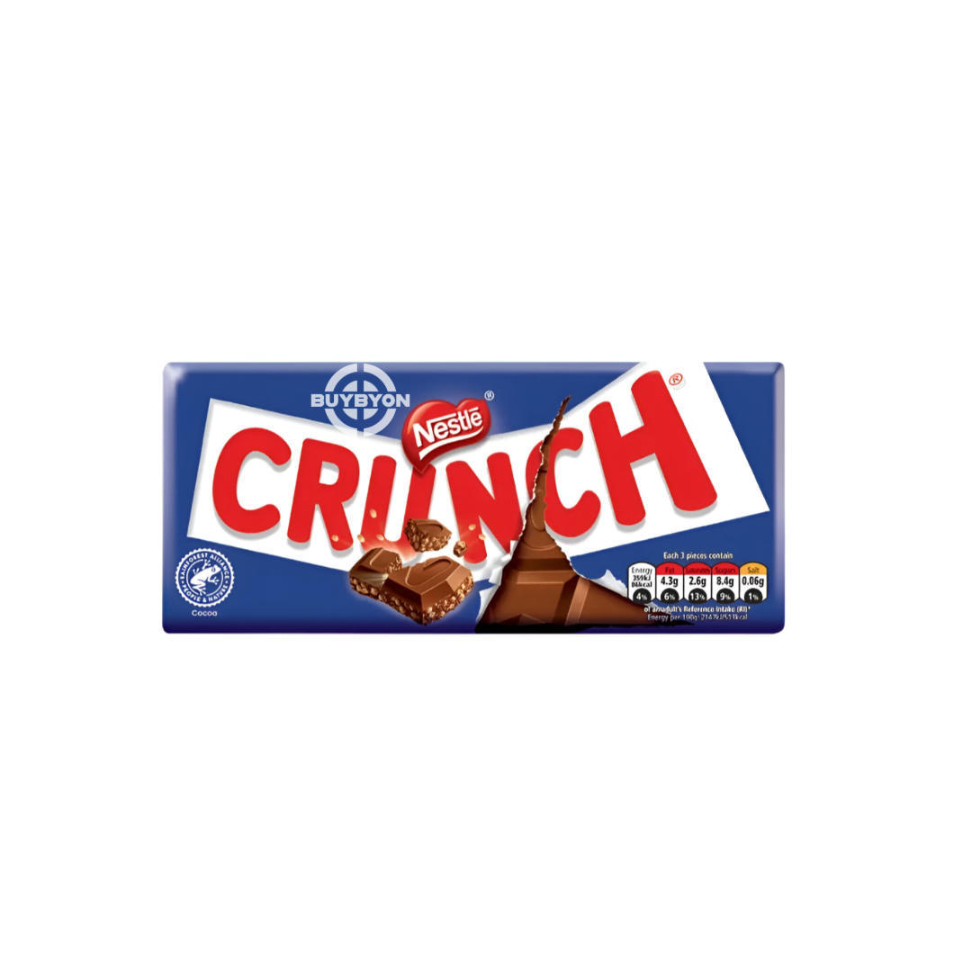 Nestle Crunch Milk Chocolate Sharing Bar - 100g, featuring smooth milk chocolate with crispy rice pieces.