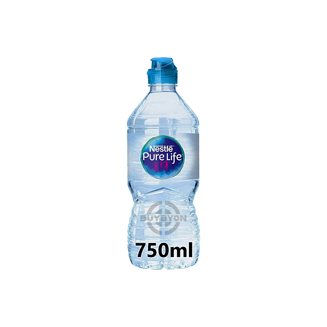 Nestlé Pure Life Still Spring Water 750ml bottle with a sports cap, featuring a clear design and blue label, highlighting its purity and convenience for active users.