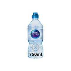 Nestlé Pure Life Still Spring Water 750ml bottle with a sports cap, featuring a clear design and blue label, highlighting its purity and convenience for active users.