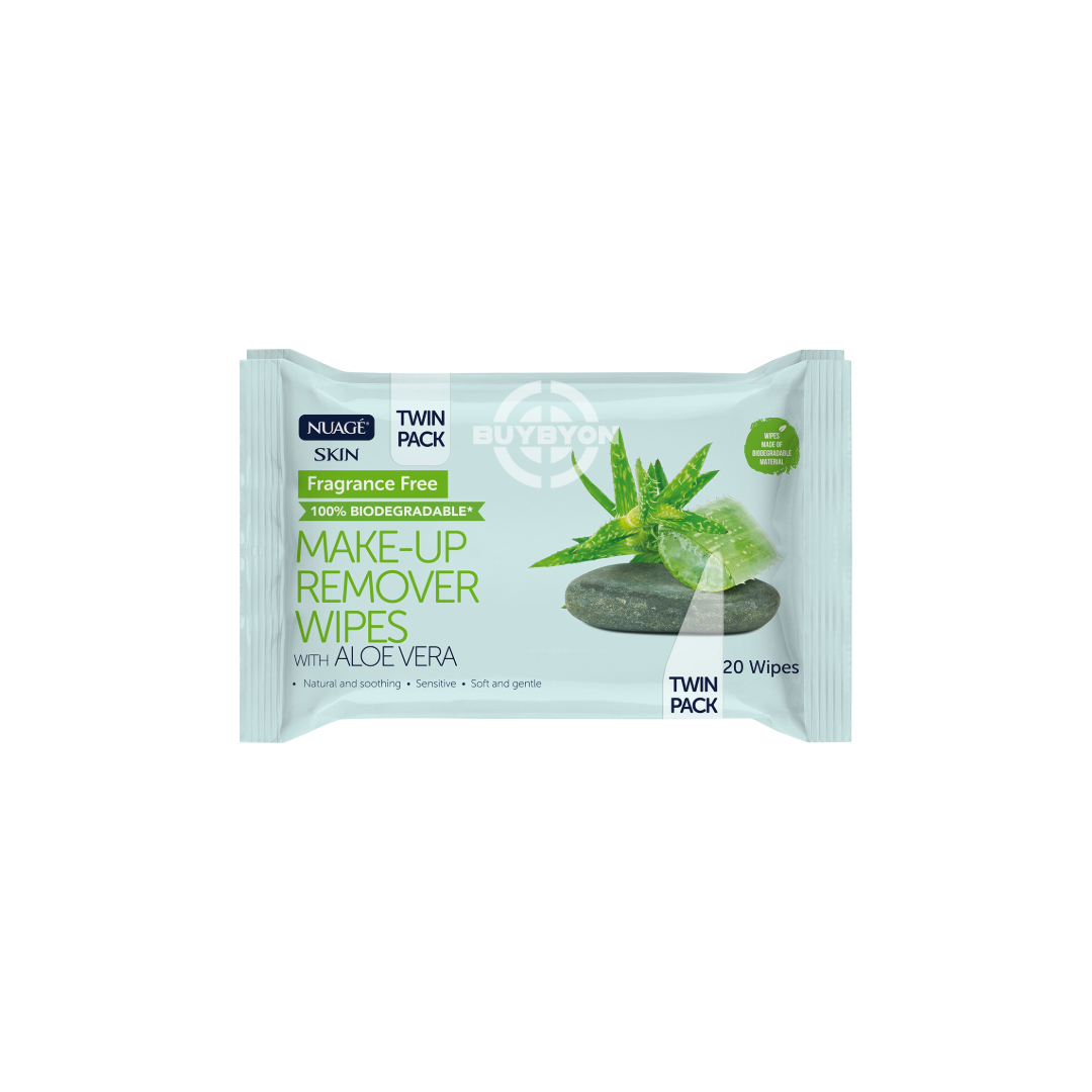 Nuage Skin Makeup Remover Wipes Twin Pack, featuring two packs of gentle wipes designed to remove makeup and impurities while being suitable for all skin types. Ideal for on-the-go freshness and travel convenience.