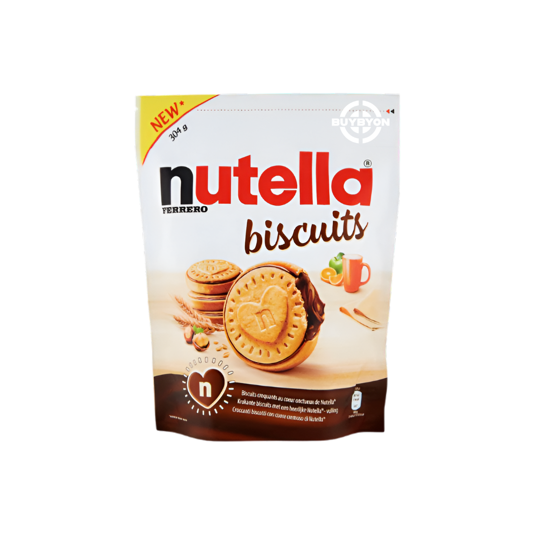 Nutella Biscuits - 304g, featuring crisp biscuits filled with smooth Nutella chocolate hazelnut spread, perfect for sharing or snacking.