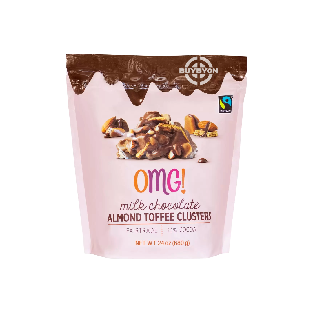 OMG! Milk Chocolate Almond Toffee Clusters - 680g featuring clusters of roasted almonds, buttery toffee, and smooth milk chocolate, perfect for snacking.