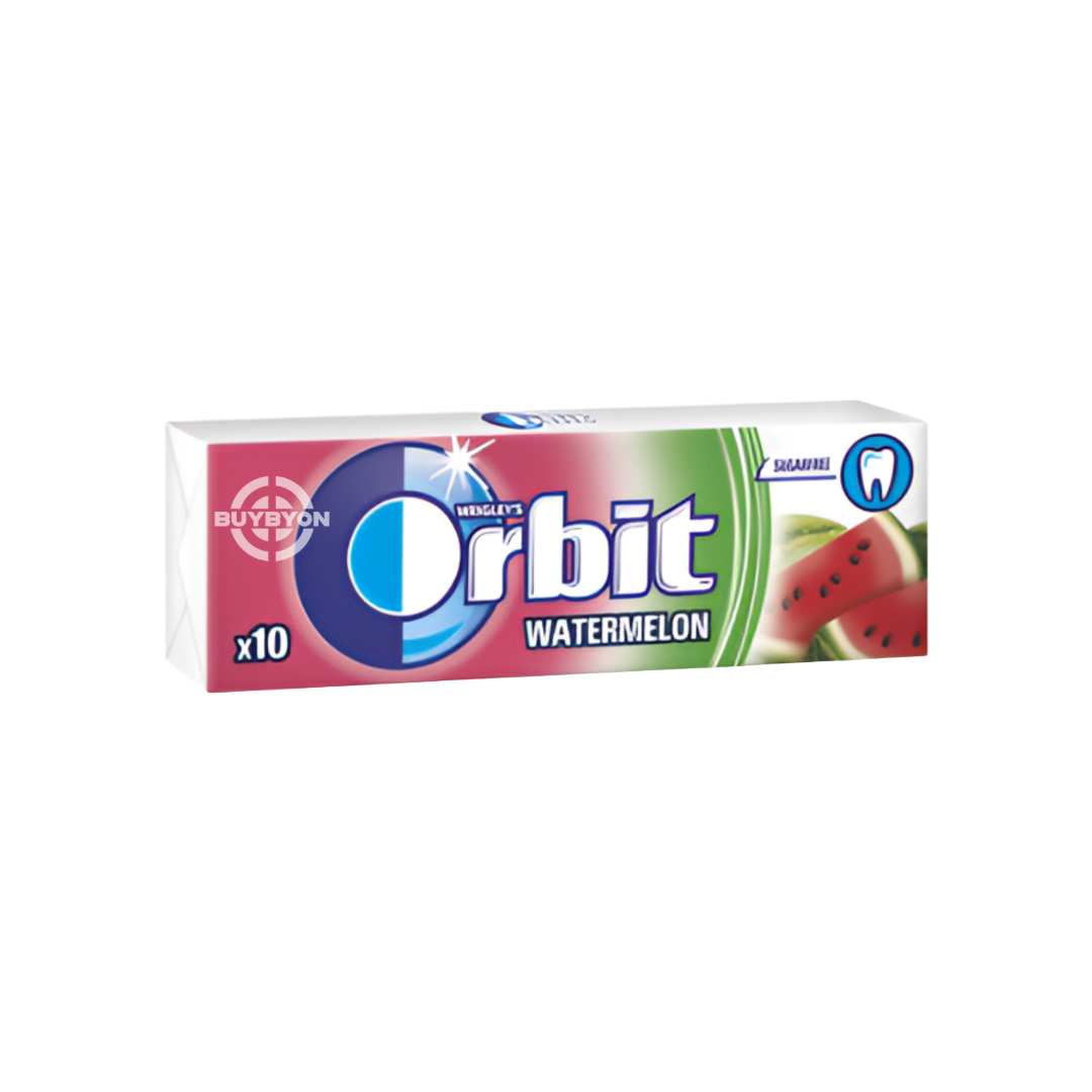 Orbit Watermelon Drops - 14g showcasing refreshing watermelon-flavoured drops in a convenient pack.