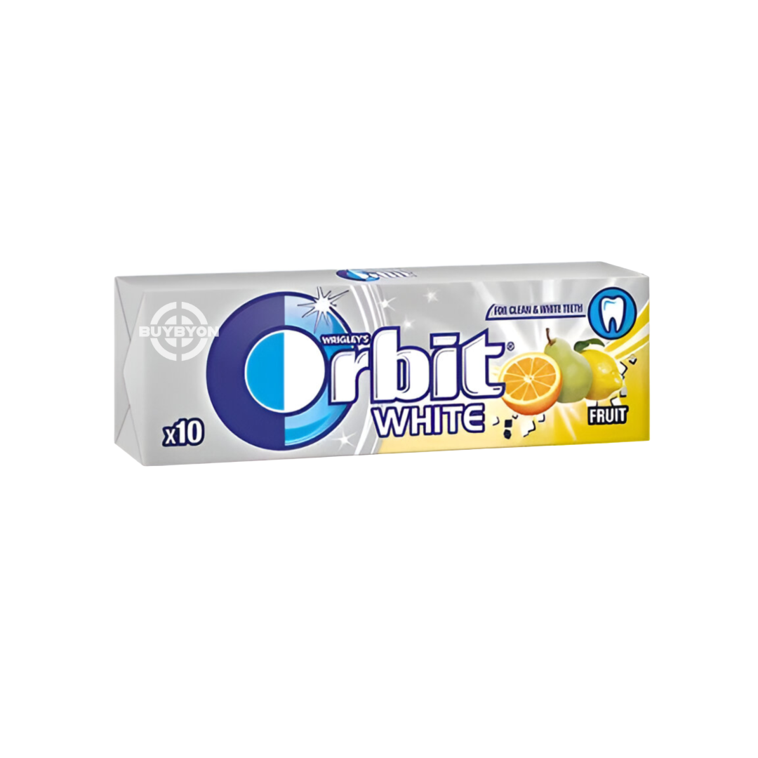 Orbit White Fruit Drops - 14g showcasing refreshing fruit-flavoured drops in a convenient pack.