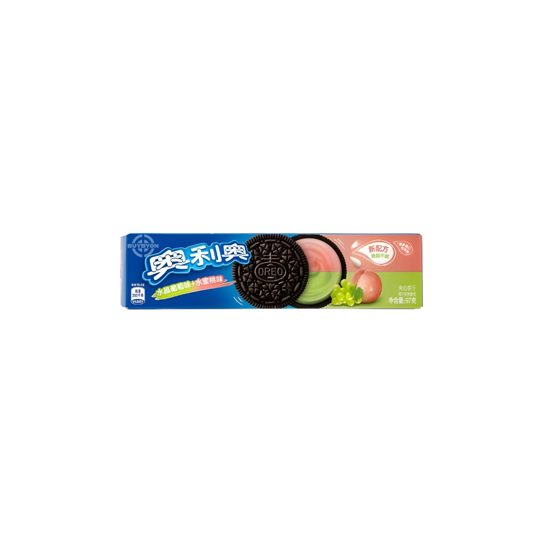 Oreo Grape &amp; Peach Flavoured Cookies 97g pack with fruity filling.
