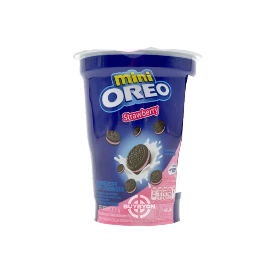 Oreo Mini Cup Strawberry Flavour – 61.3g pack featuring a crunchy Oreo cup filled with creamy strawberry filling.