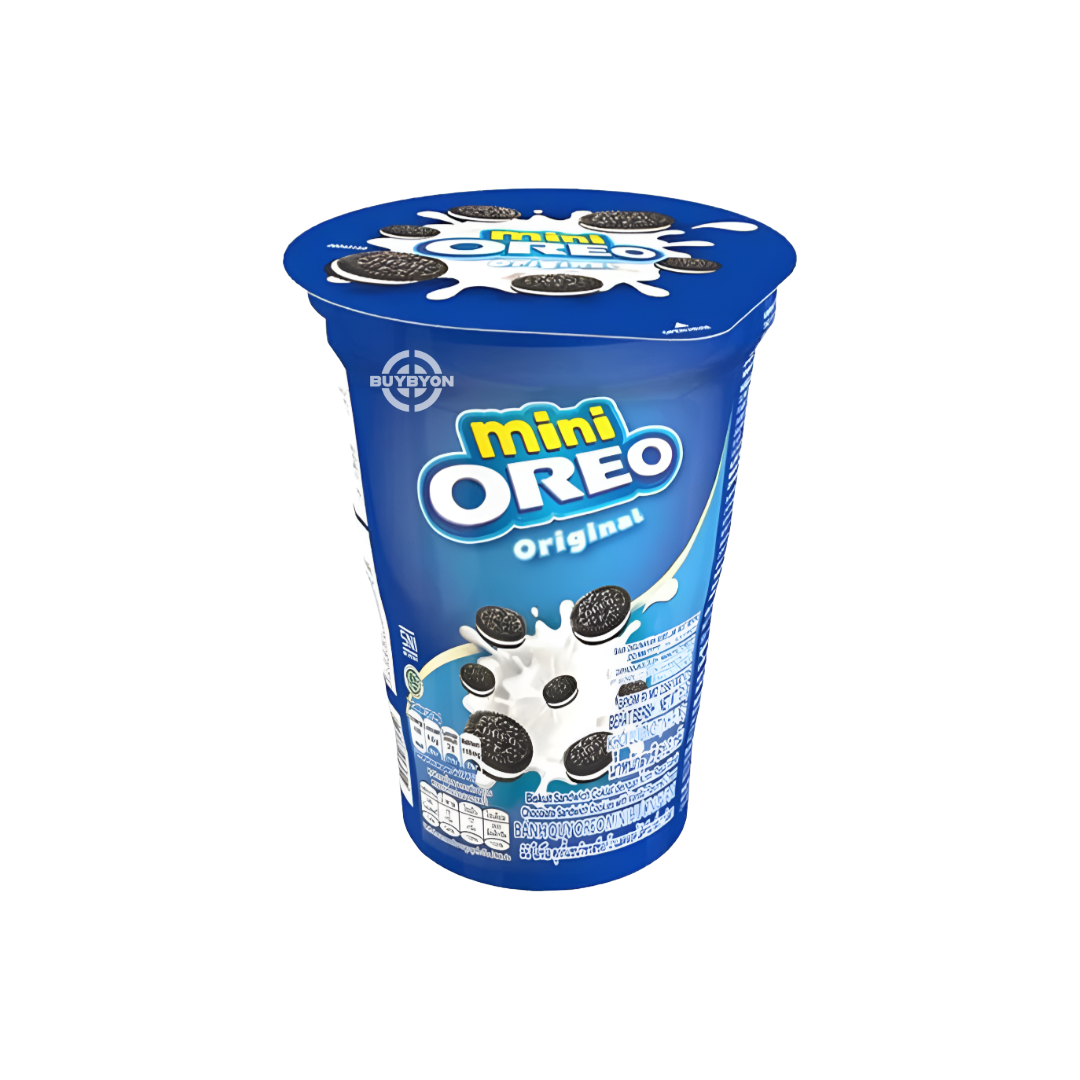 Oreo Mini Original Vanilla Cookies Cup 61.3g with bite-sized chocolate cookies and vanilla cream filling.