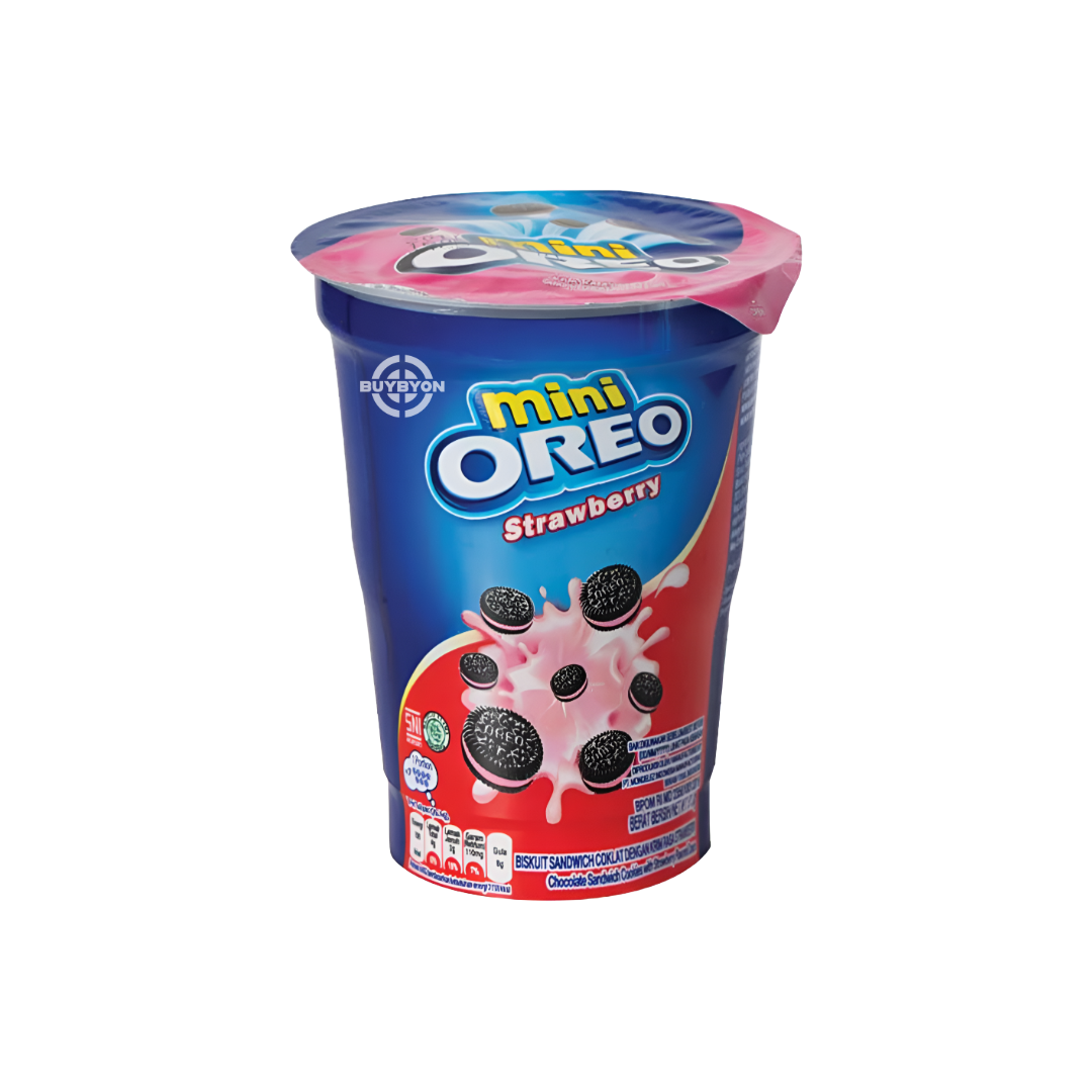 Oreo Mini Strawberry Cookies Cup 61.3g featuring chocolate cookies with strawberry-flavoured filling.