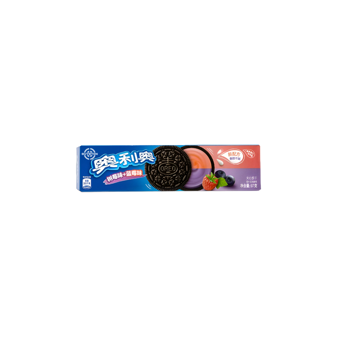 Oreo Raspberry &amp; Blueberry Flavoured Cookies 97g pack with a fruity filling.