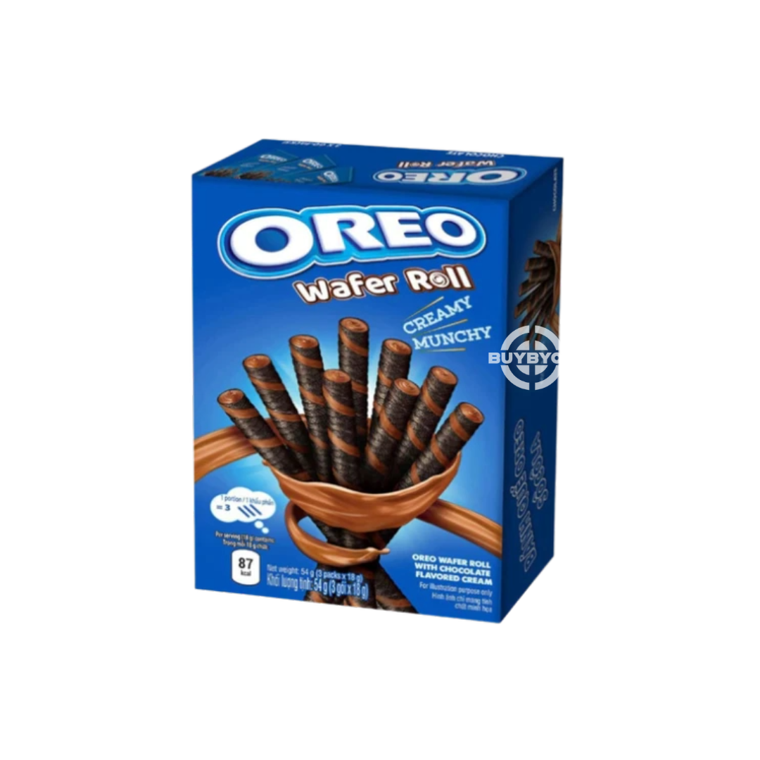 Oreo Wafer Roll Chocolate – 54g pack with crispy wafer rolls filled with smooth chocolate cream.