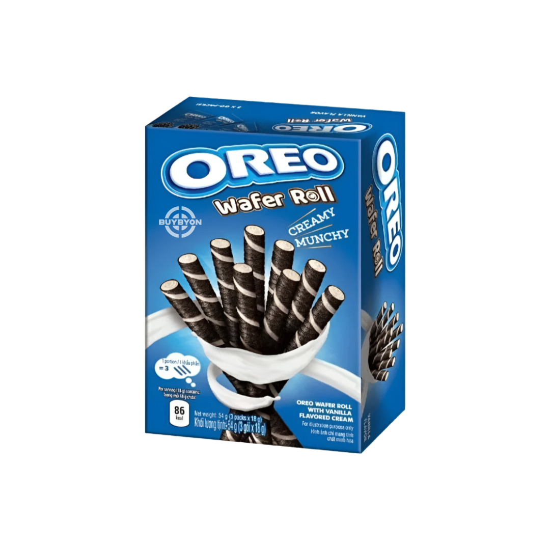 Oreo Wafer Roll Vanilla 54g with crispy chocolate wafer and creamy vanilla filling.
