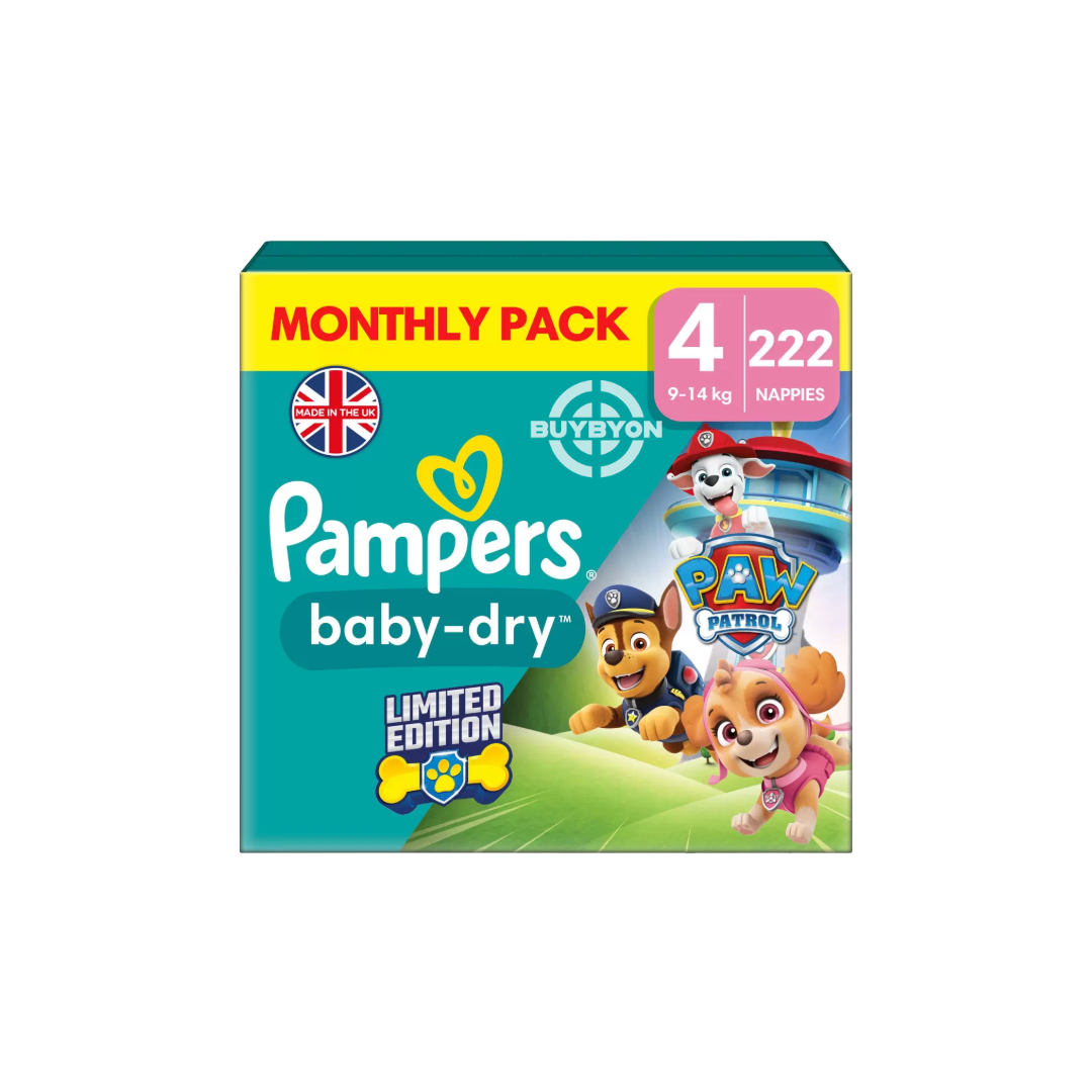 Pampers Baby-Dry Paw Patrol Edition Size 4 - Pack of 222 Nappies (9-14kg), featuring the fun Paw Patrol designs and packaging.